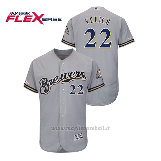 Maglia Baseball Uomo Milwaukee Brewers Christian Yelich 150th Aniversario Patch Autentico Flex Base Grigio